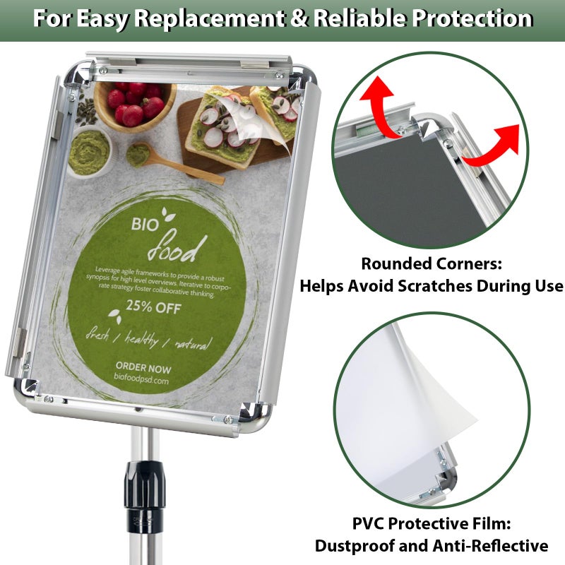 Mutualsign Poster Stand Holder Adjustable Pedestal Floor Standing Sign Holder Vertical and Horizontal View Sign Display, Aluminum Snap Open Frame with Safety Corner (Sliver-8.5x11) - Image 3